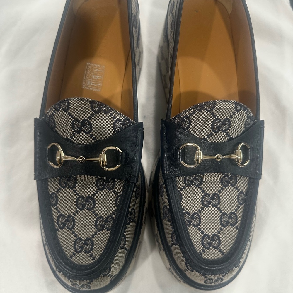 Gucci Navy and Cream Monogram Loafers with Silver Detail